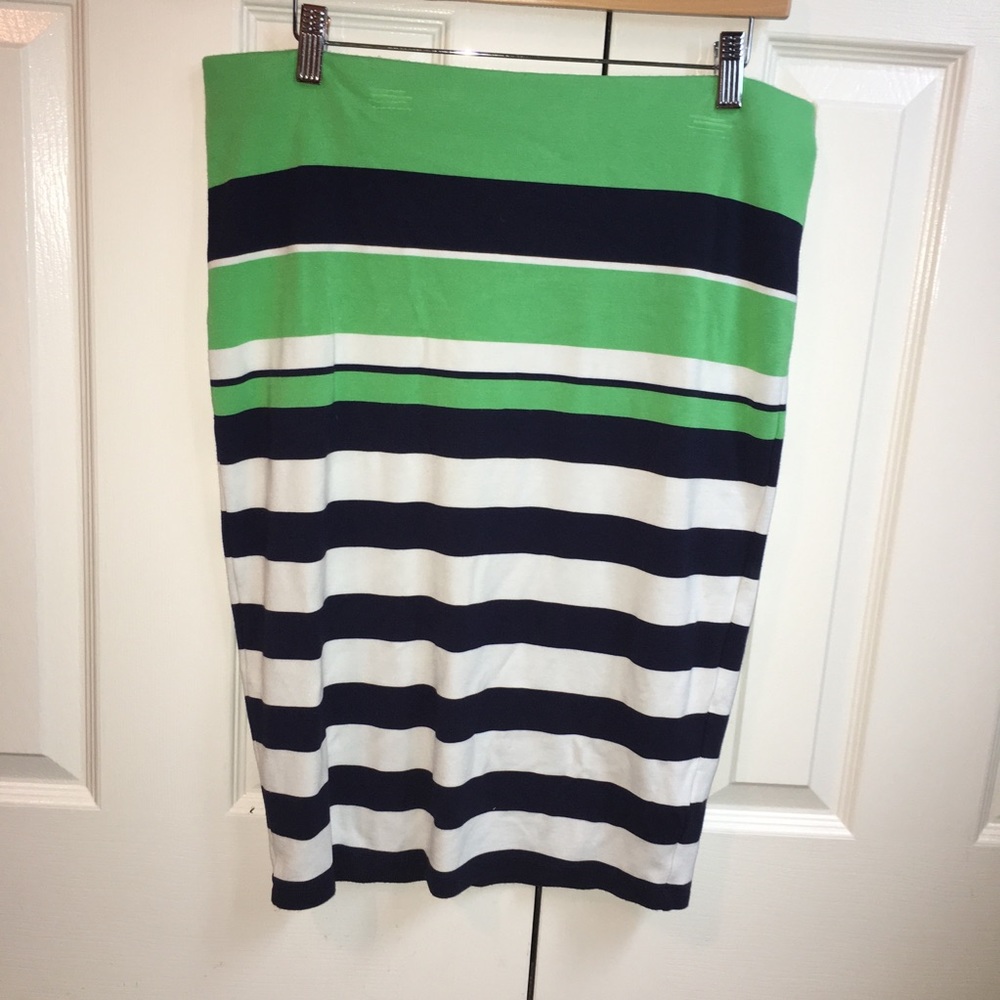 Green & Navy Blue & White Striped Pencil Skirt
